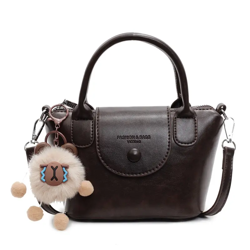 Women's Black Leather Shoulder Bag with Cute Pom Pom Charm - Image 9