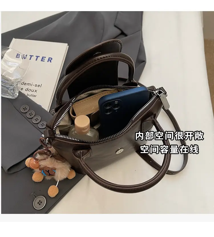 Women's Black Leather Shoulder Bag with Cute Pom Pom Charm — feature 10
