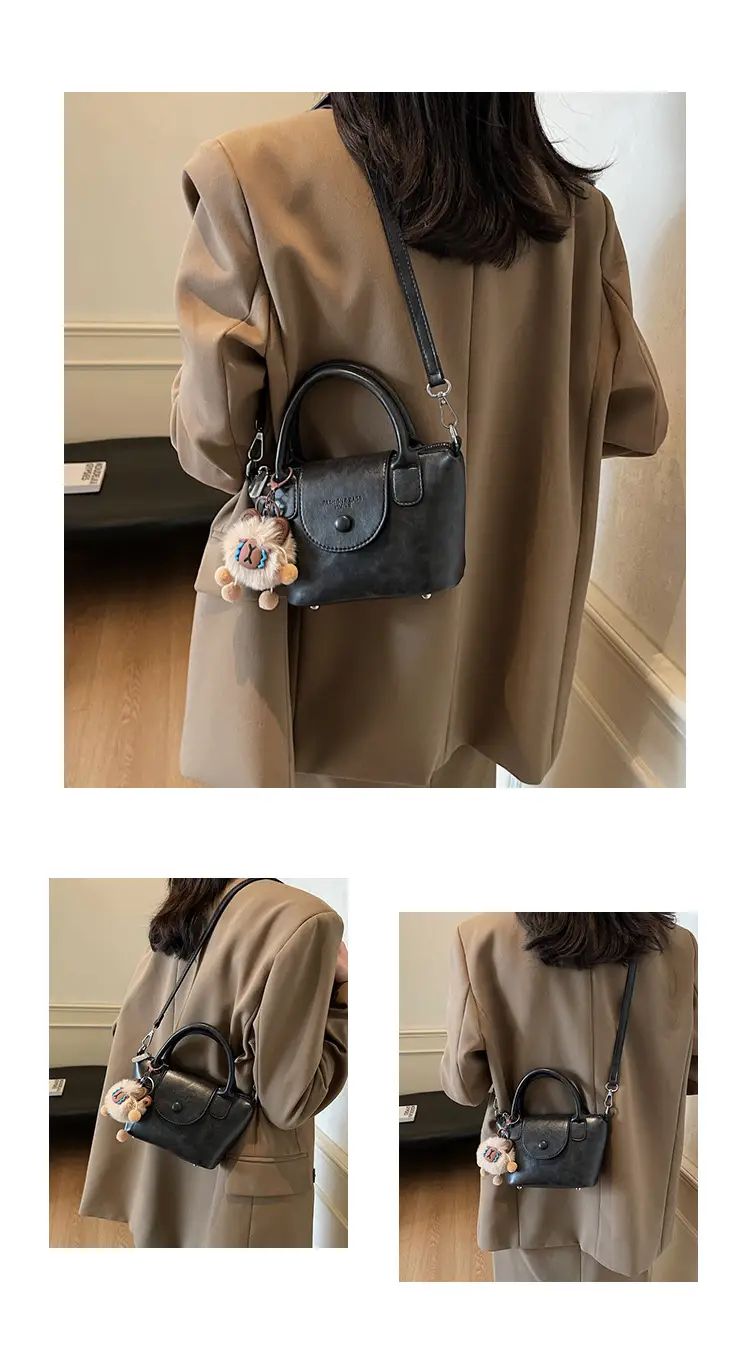 Women's Black Leather Shoulder Bag with Cute Pom Pom Charm — feature 12