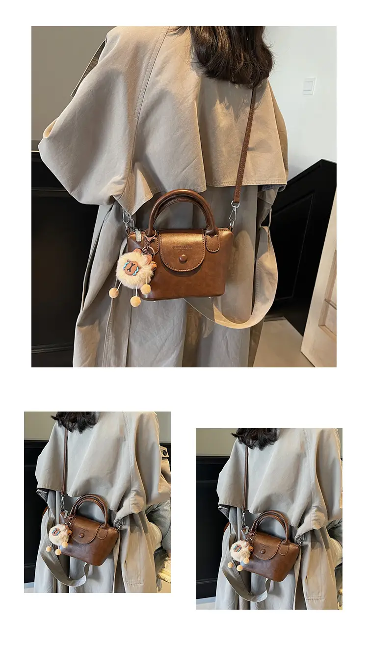 Women's Black Leather Shoulder Bag with Cute Pom Pom Charm — feature 13