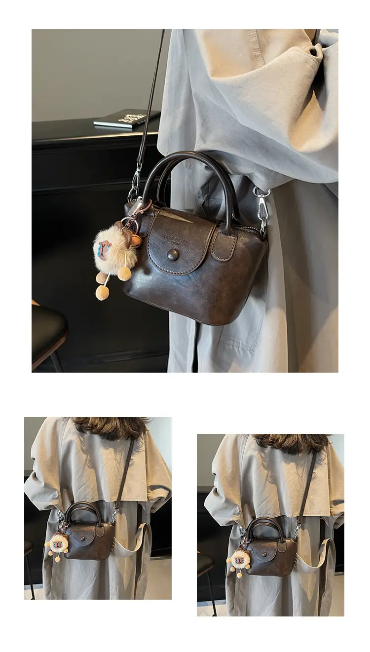 Women's Black Leather Shoulder Bag with Cute Pom Pom Charm — feature 14