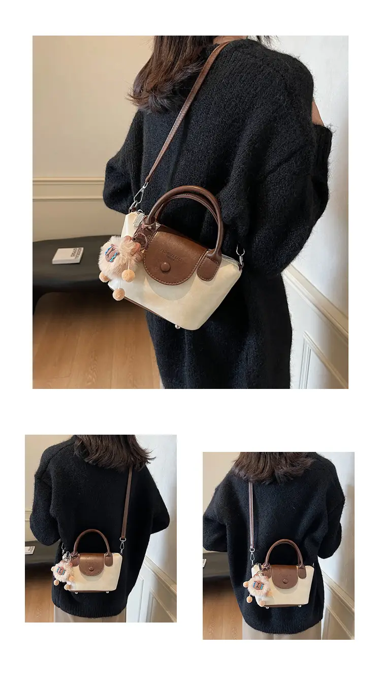 Women's Black Leather Shoulder Bag with Cute Pom Pom Charm — feature 15