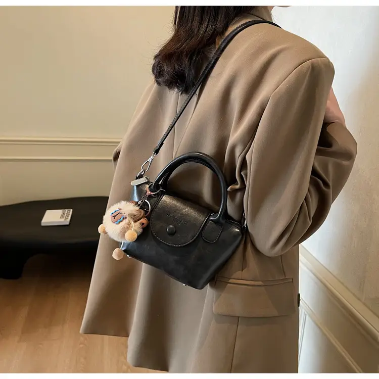 Women's Black Leather Shoulder Bag with Cute Pom Pom Charm — feature 19