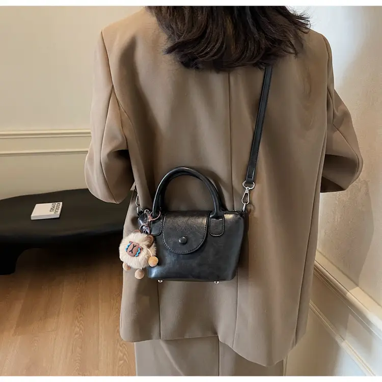 Women's Black Leather Shoulder Bag with Cute Pom Pom Charm — feature 20