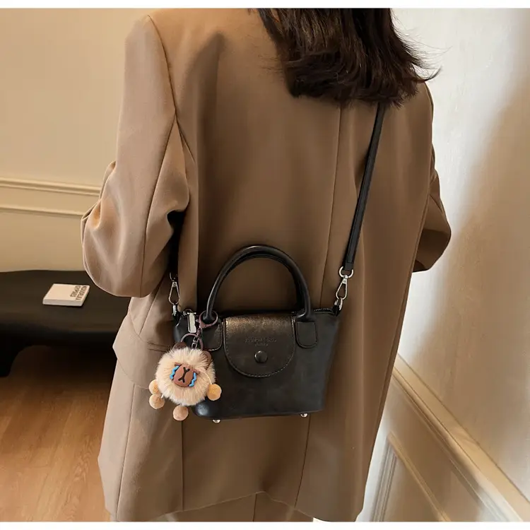 Women's Black Leather Shoulder Bag with Cute Pom Pom Charm — feature 22