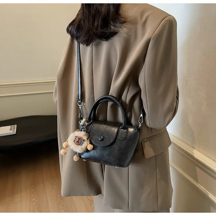Women's Black Leather Shoulder Bag with Cute Pom Pom Charm — feature 23