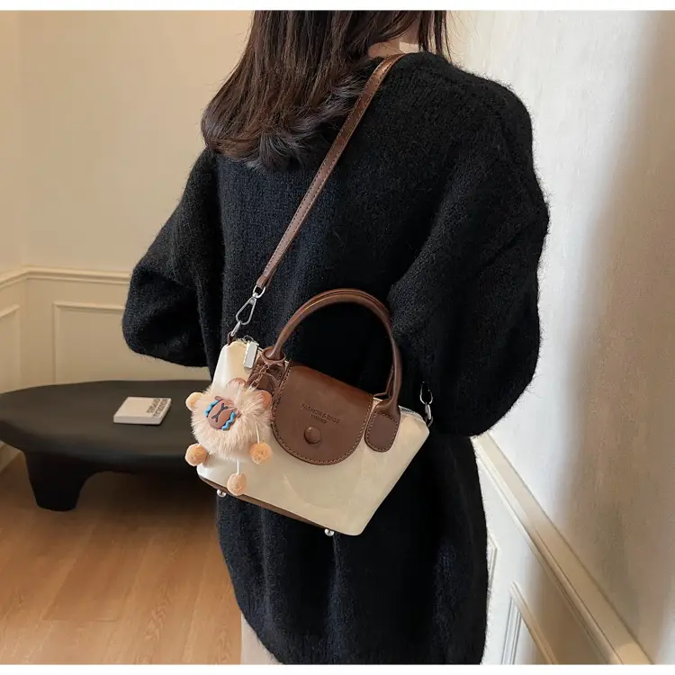 Women's Black Leather Shoulder Bag with Cute Pom Pom Charm — feature 25