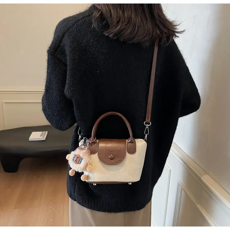 Women's Black Leather Shoulder Bag with Cute Pom Pom Charm — feature 26