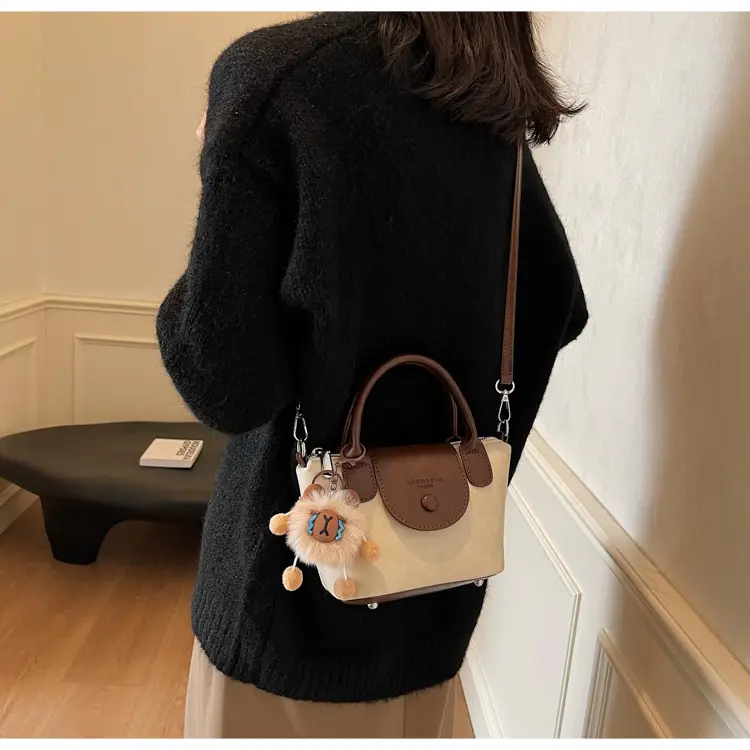 Women's Black Leather Shoulder Bag with Cute Pom Pom Charm — feature 27