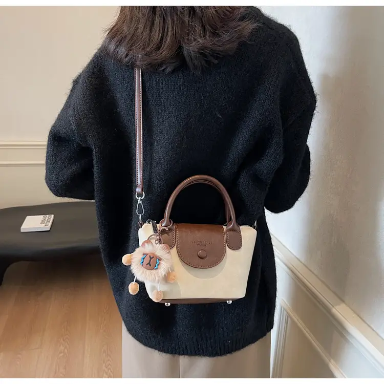 Women's Black Leather Shoulder Bag with Cute Pom Pom Charm — feature 28