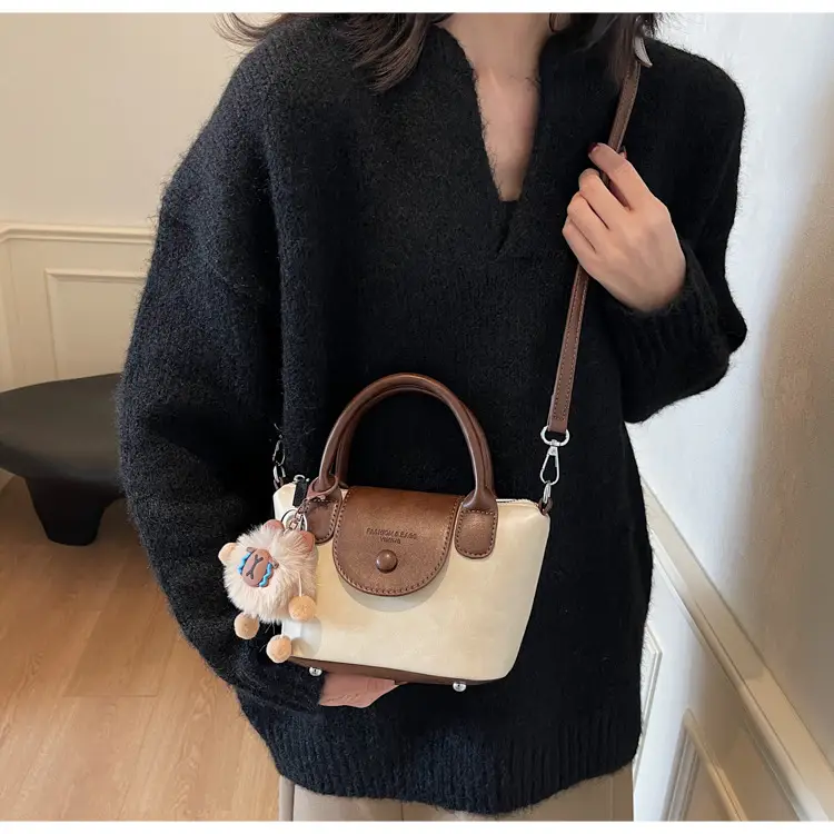 Women's Black Leather Shoulder Bag with Cute Pom Pom Charm — feature 30