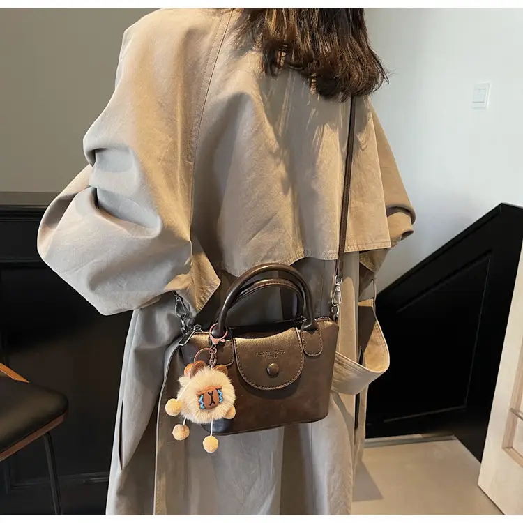 Women's Black Leather Shoulder Bag with Cute Pom Pom Charm — feature 33