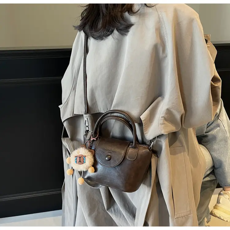 Women's Black Leather Shoulder Bag with Cute Pom Pom Charm — feature 35
