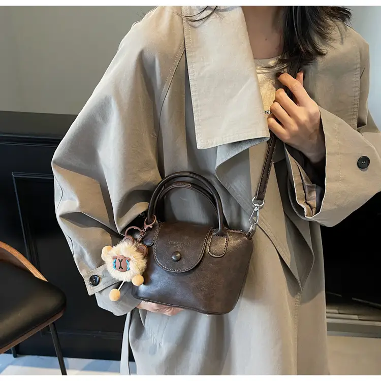 Women's Black Leather Shoulder Bag with Cute Pom Pom Charm — feature 36