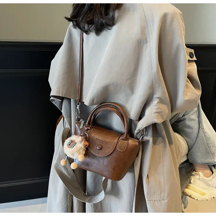 Women's Black Leather Shoulder Bag with Cute Pom Pom Charm — feature 41