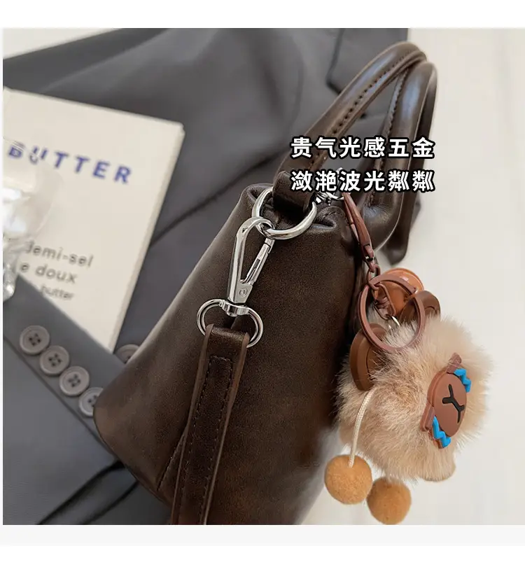 Women's Black Leather Shoulder Bag with Cute Pom Pom Charm — feature 5