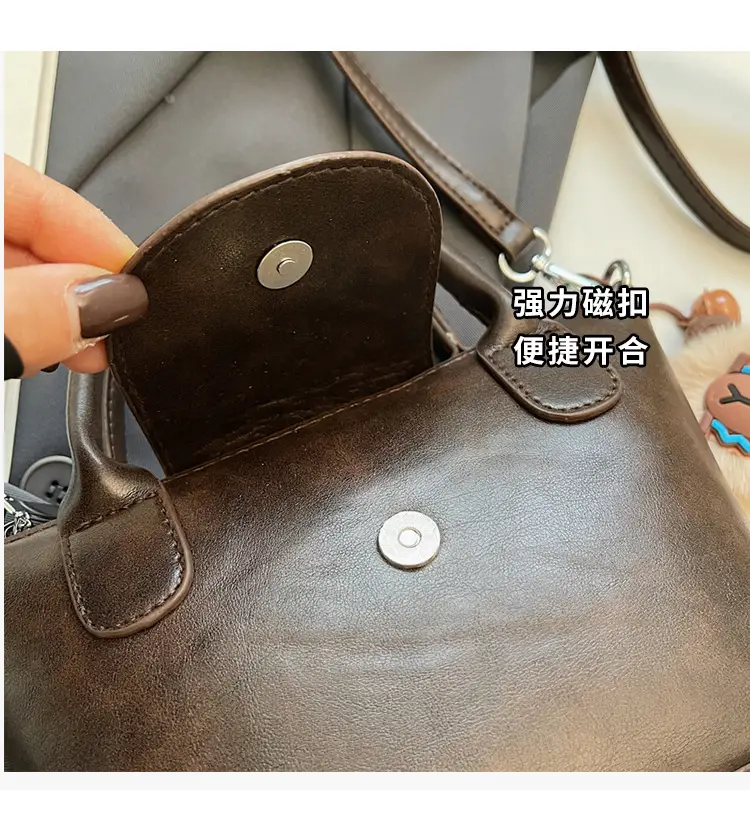 Women's Black Leather Shoulder Bag with Cute Pom Pom Charm — feature 7