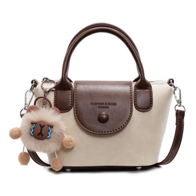 Women's Black Leather Shoulder Bag with Cute Pom Pom Charm - Image 2