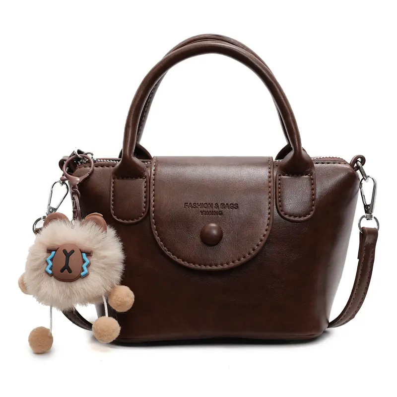Women's Black Leather Shoulder Bag with Cute Pom Pom Charm - Image 3
