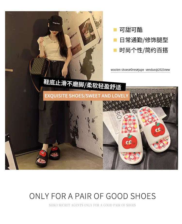 Thick-soled eva sandals and slippers for women's summer outdoor wear cute red apple indoor home bathroom bath non-slip slipper — feature 1