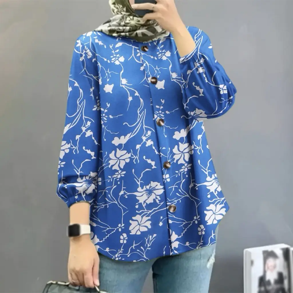Women Muslim Floral Shirt Blue Puff Sleeves 2025 - Image 5
