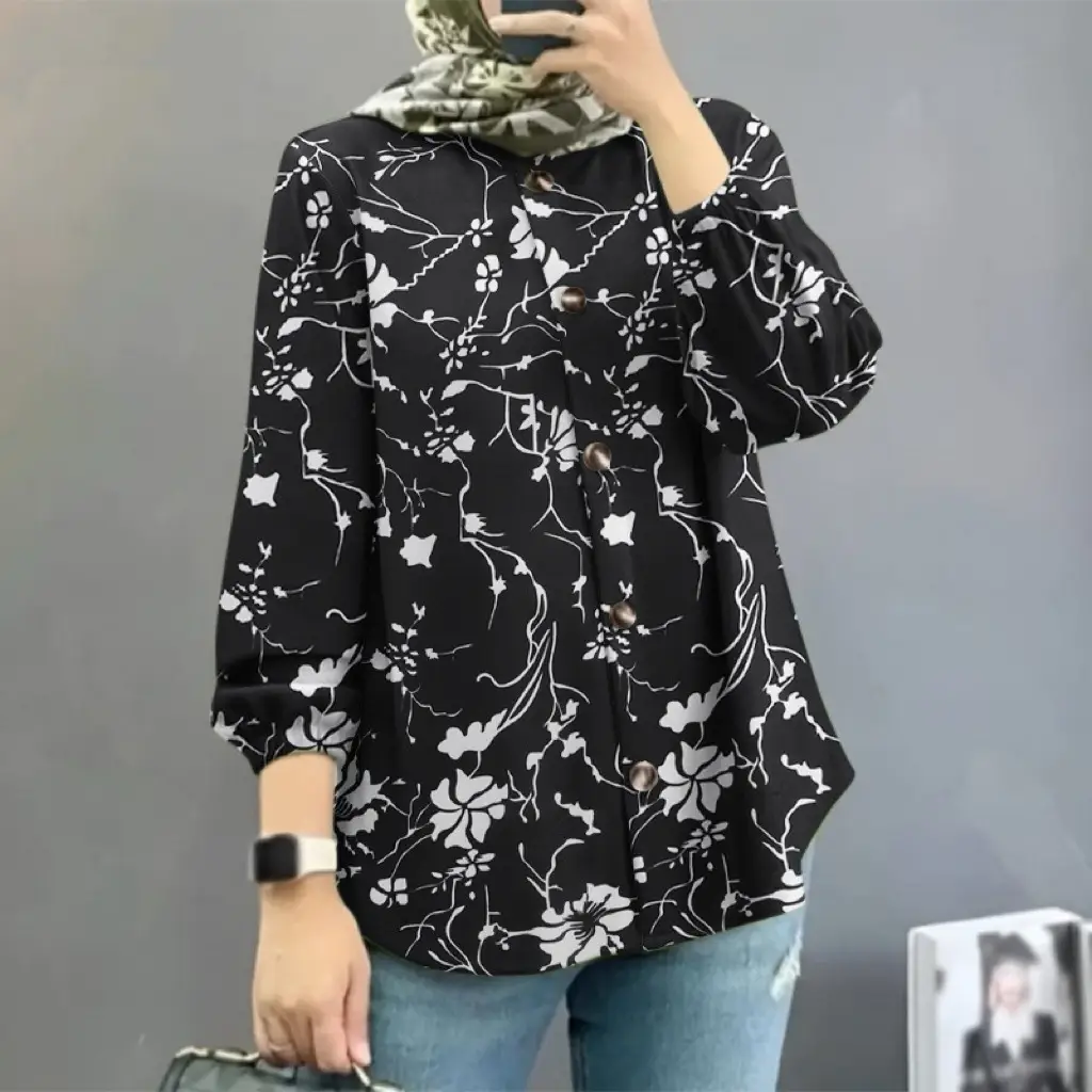 Women Muslim Floral Shirt Blue Puff Sleeves 2025 - Image 6