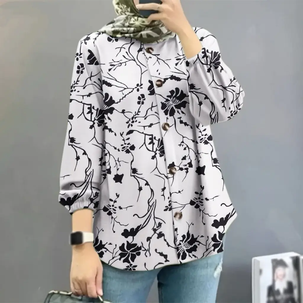 Women Muslim Floral Shirt Blue Puff Sleeves 2025 - Image 7