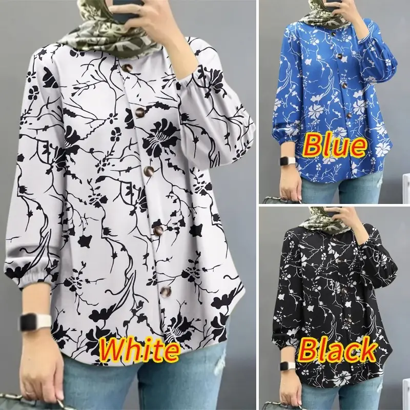 Women Muslim Floral Shirt Blue Puff Sleeves 2025 — feature 2