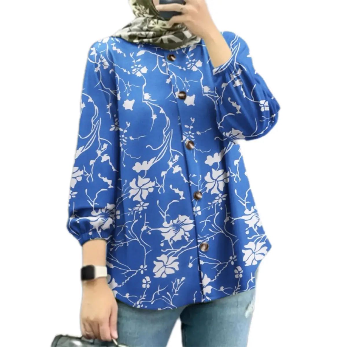 Women Muslim Floral Shirt Blue Puff Sleeves 2025 — feature 7