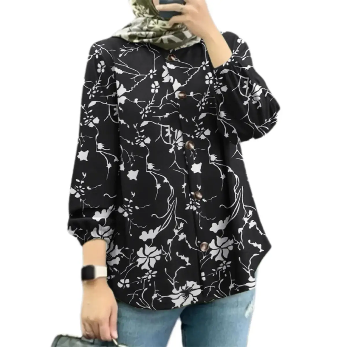 Women Muslim Floral Shirt Blue Puff Sleeves 2025 - Image 2