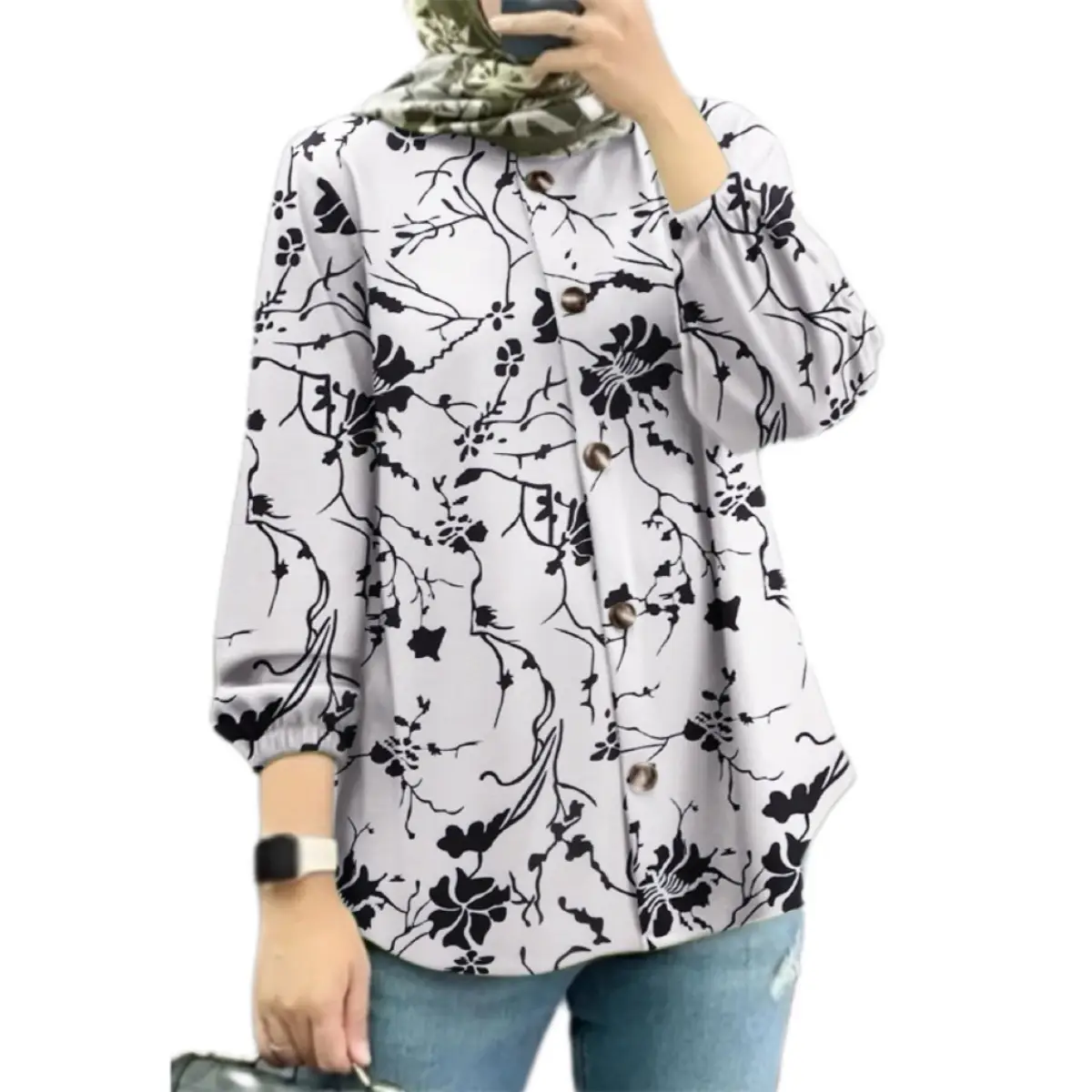 Women Muslim Floral Shirt Blue Puff Sleeves 2025 - Image 3