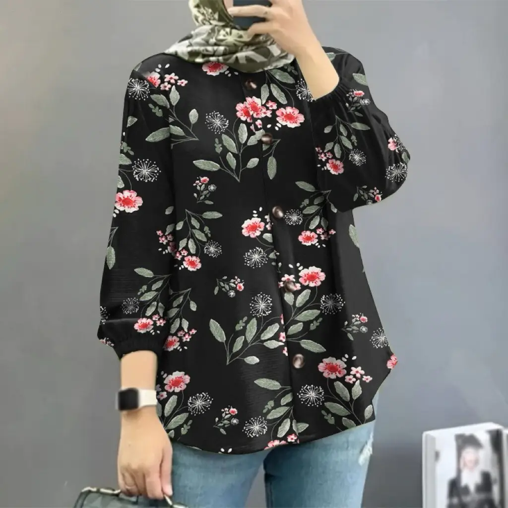 Women Muslim Floral Puff Sleeves Pink 2025