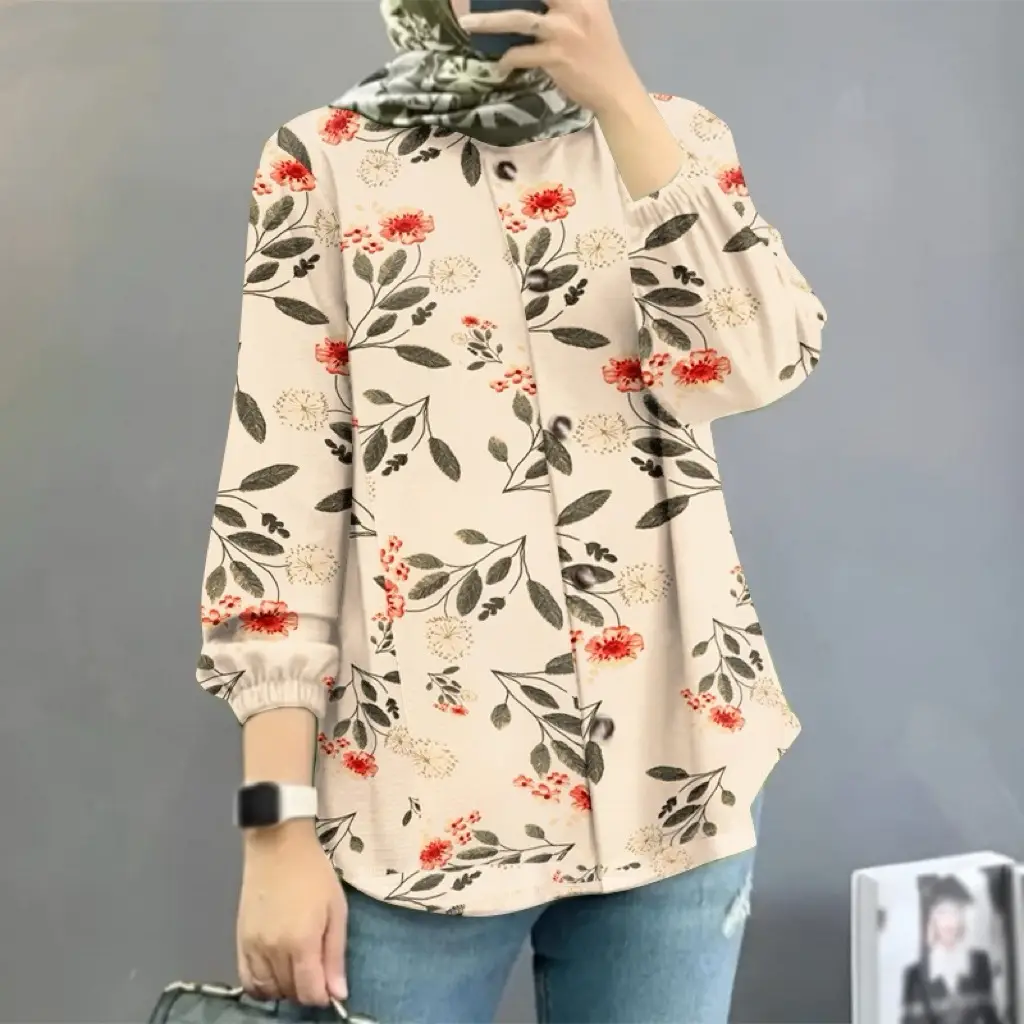 Women Muslim Floral Puff Sleeves Pink 2025