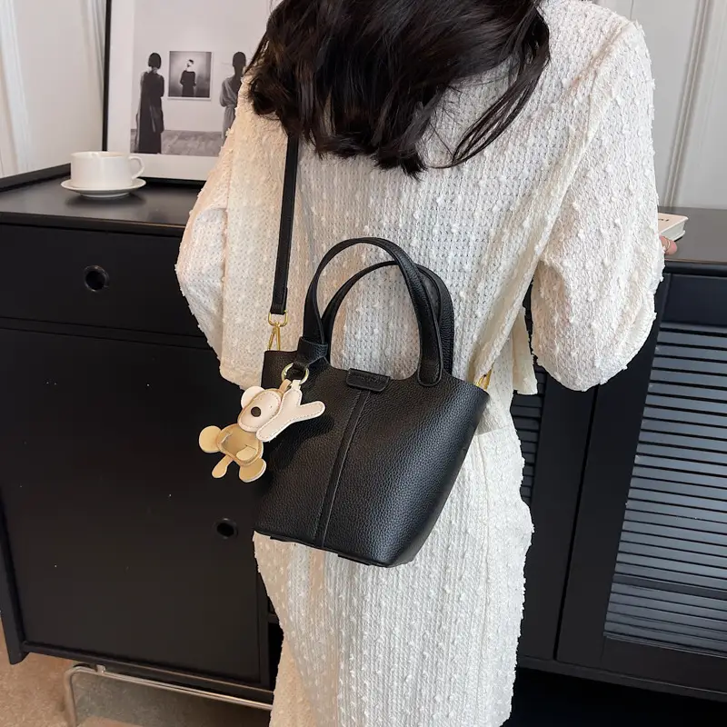 Korean-style Women's Brown Bucket Bag with Teddy Bear Charm - Image 6