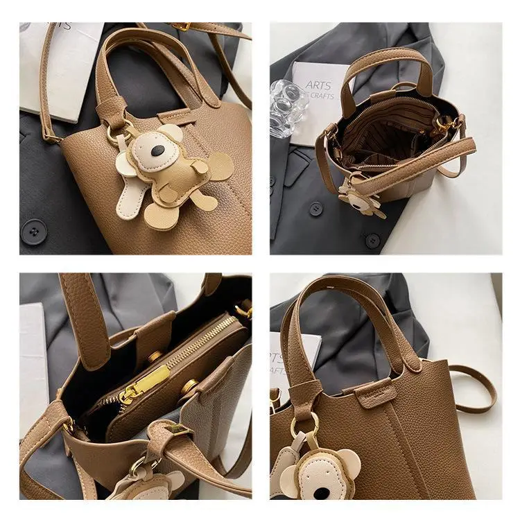 Korean-style Women's Brown Bucket Bag with Teddy Bear Charm - Image 7