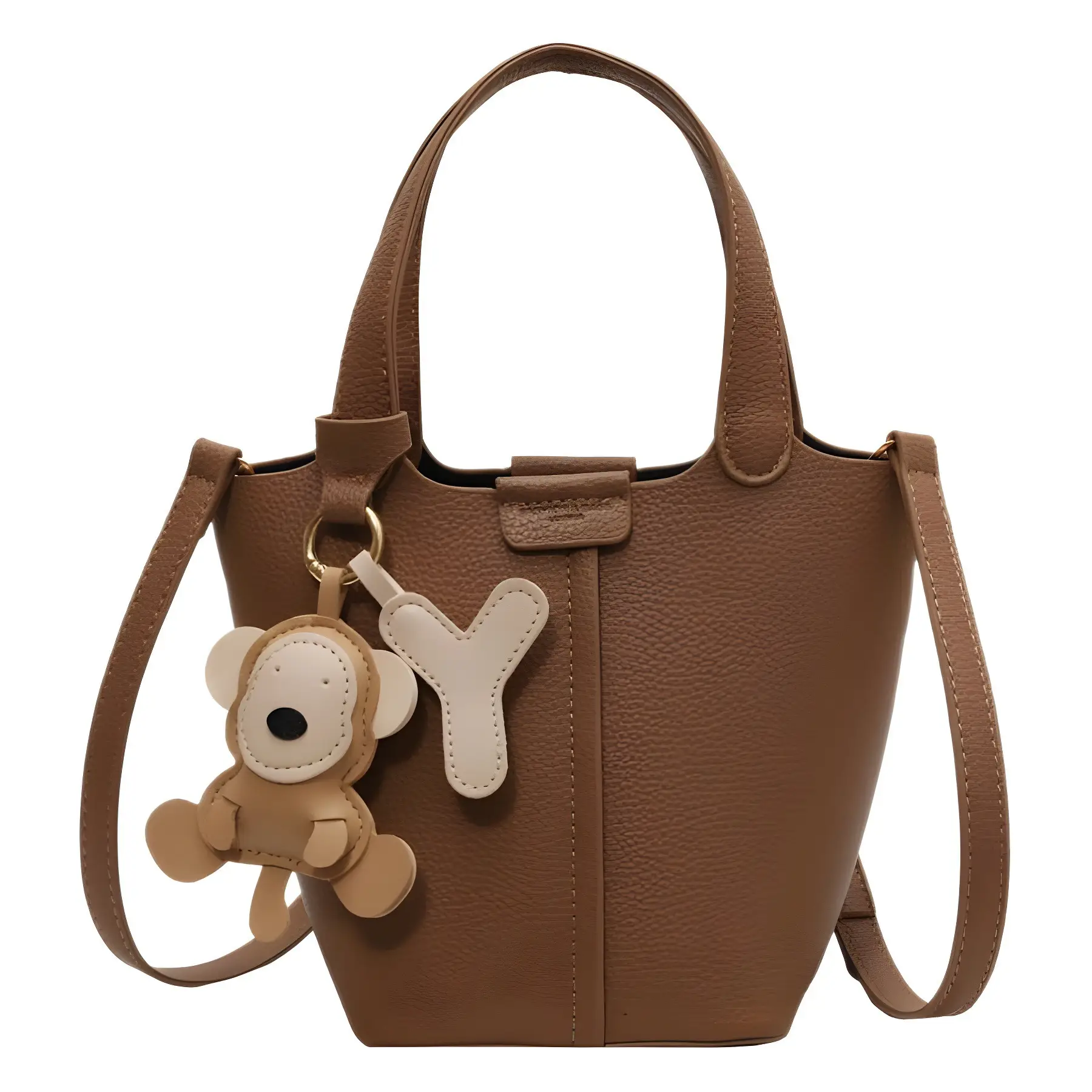Korean-style Women's Brown Bucket Bag with Teddy Bear Charm - Image 8