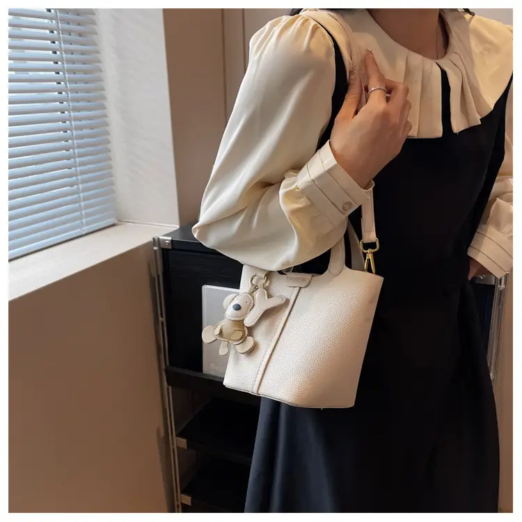 Korean-style Women's Brown Bucket Bag with Teddy Bear Charm — feature 10