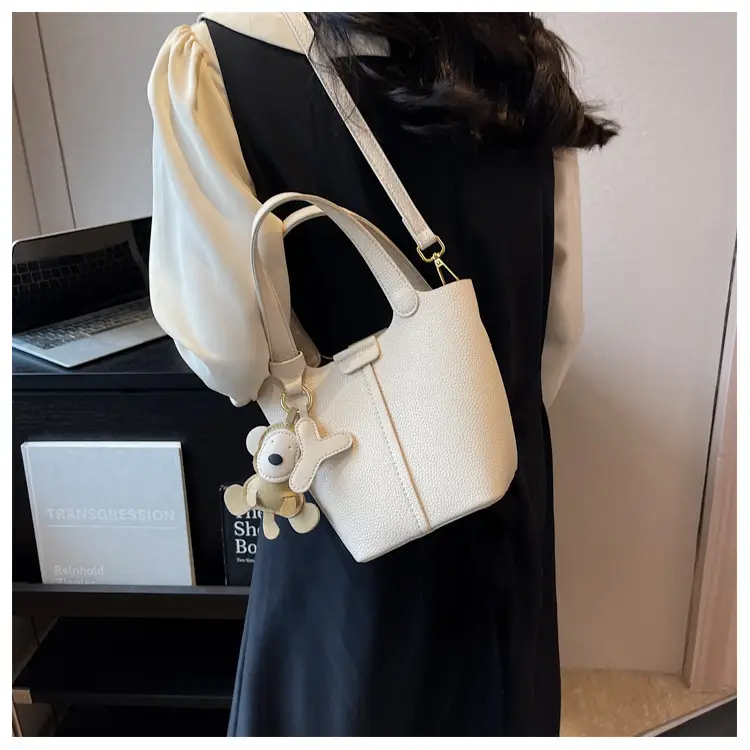 Korean-style Women's Brown Bucket Bag with Teddy Bear Charm — feature 11