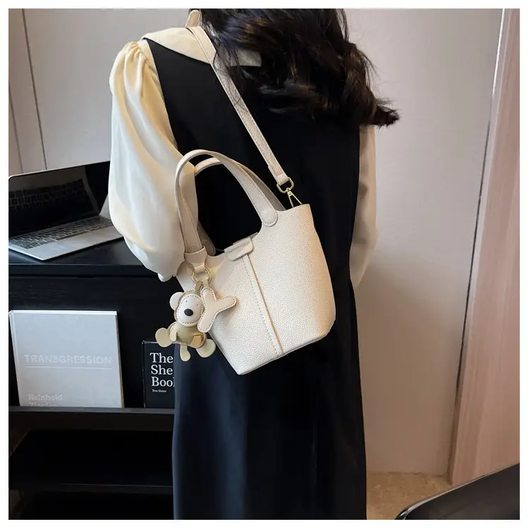 Korean-style Women's Brown Bucket Bag with Teddy Bear Charm — feature 12