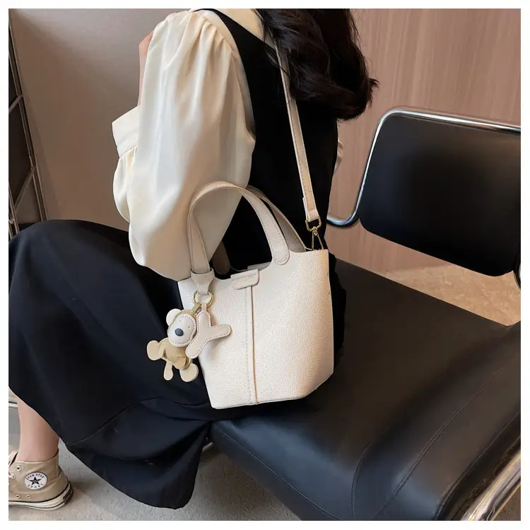 Korean-style Women's Brown Bucket Bag with Teddy Bear Charm — feature 13