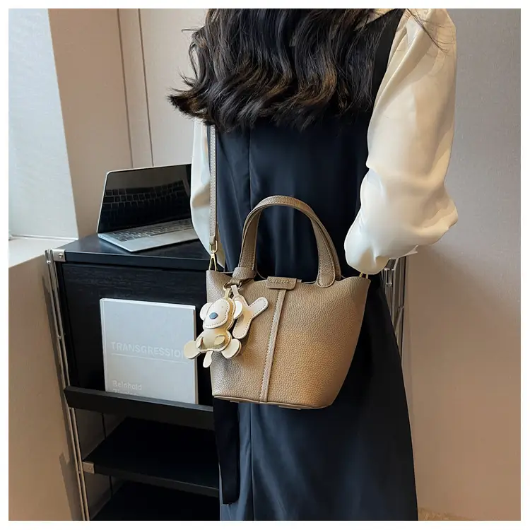 Korean-style Women's Brown Bucket Bag with Teddy Bear Charm — feature 14