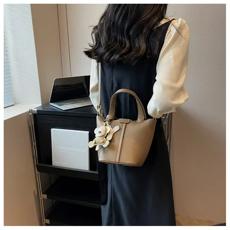Korean-style Women's Brown Bucket Bag with Teddy Bear Charm — feature 15