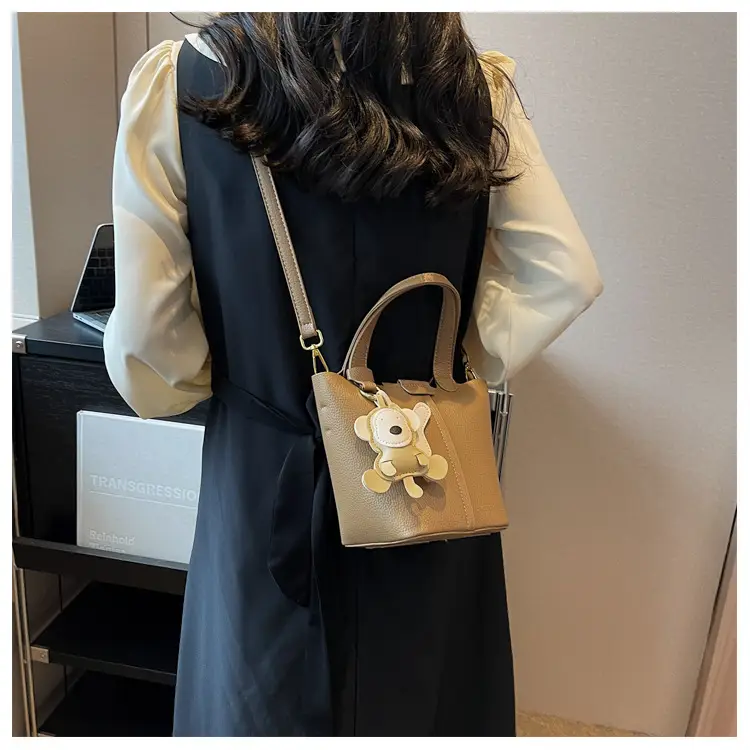 Korean-style Women's Brown Bucket Bag with Teddy Bear Charm — feature 16