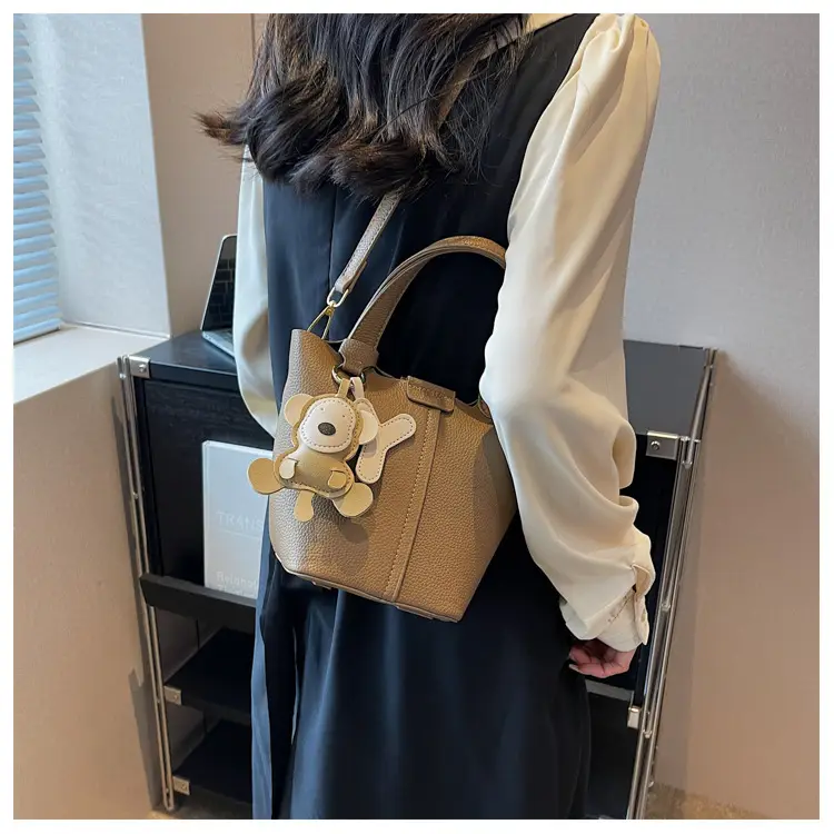 Korean-style Women's Brown Bucket Bag with Teddy Bear Charm — feature 17