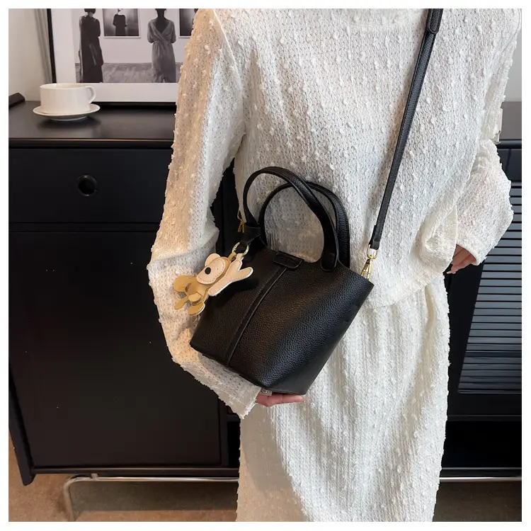 Korean-style Women's Brown Bucket Bag with Teddy Bear Charm — feature 18