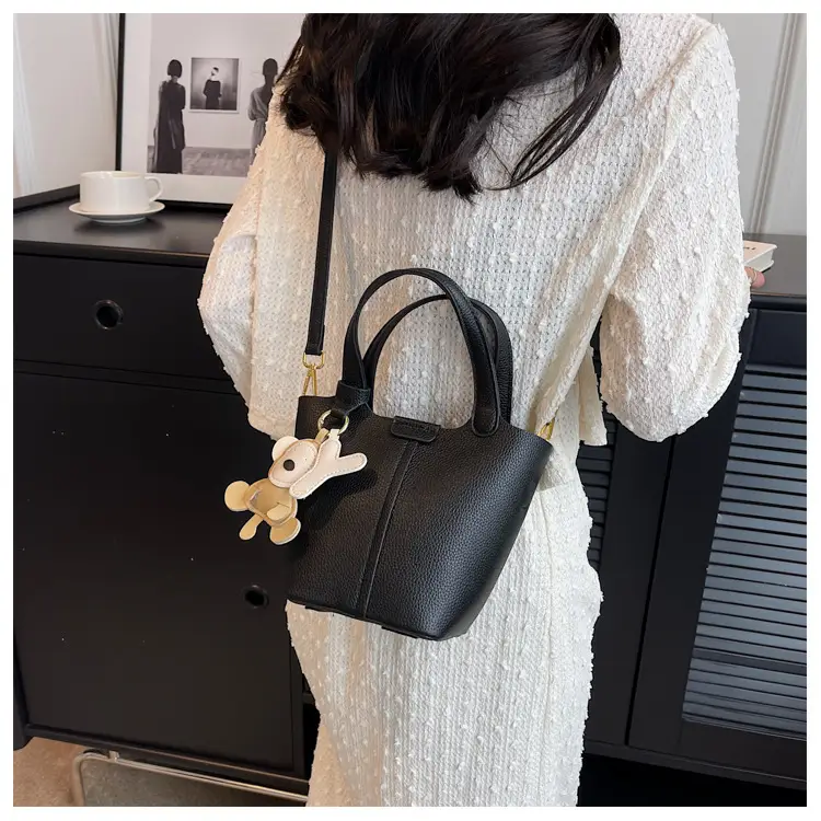 Korean-style Women's Brown Bucket Bag with Teddy Bear Charm — feature 19