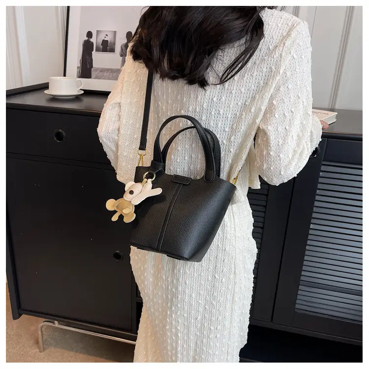 Korean-style Women's Brown Bucket Bag with Teddy Bear Charm — feature 20