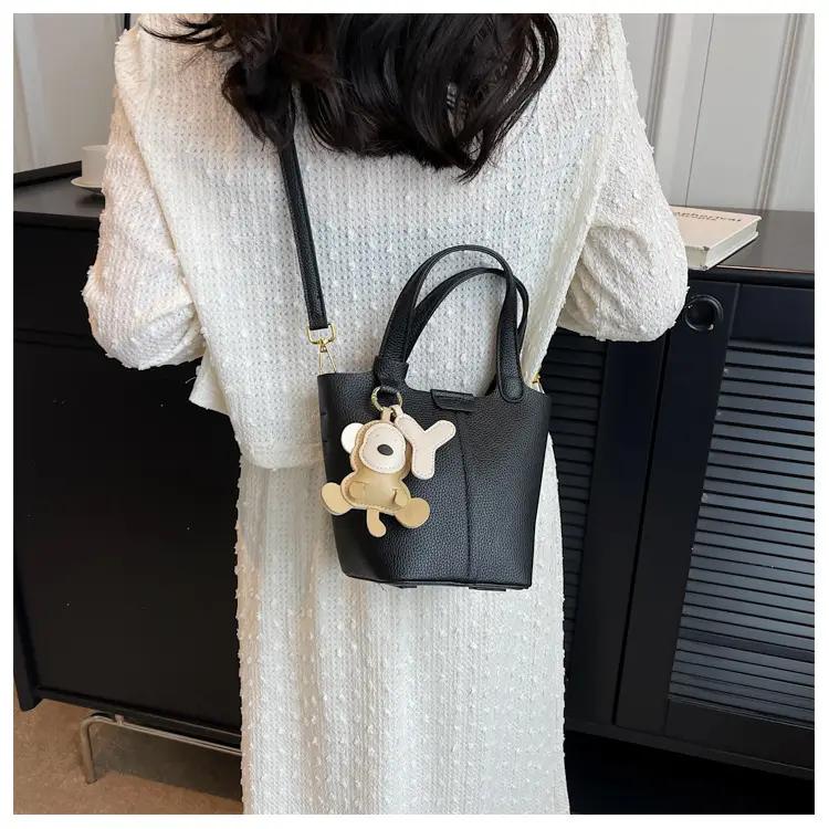 Korean-style Women's Brown Bucket Bag with Teddy Bear Charm — feature 21