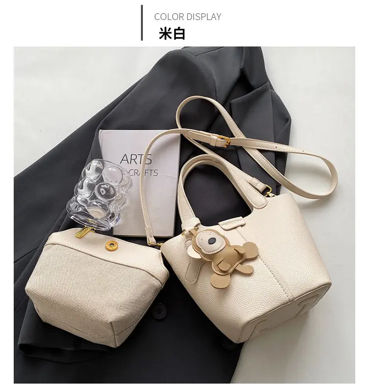 Korean-style Women's Brown Bucket Bag with Teddy Bear Charm — feature 23
