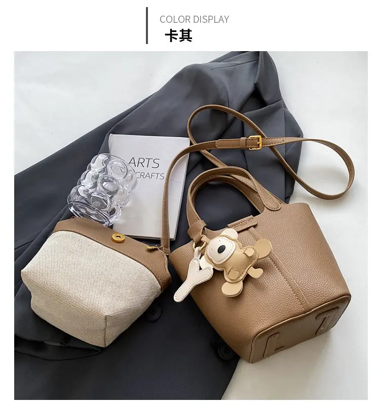 Korean-style Women's Brown Bucket Bag with Teddy Bear Charm — feature 24